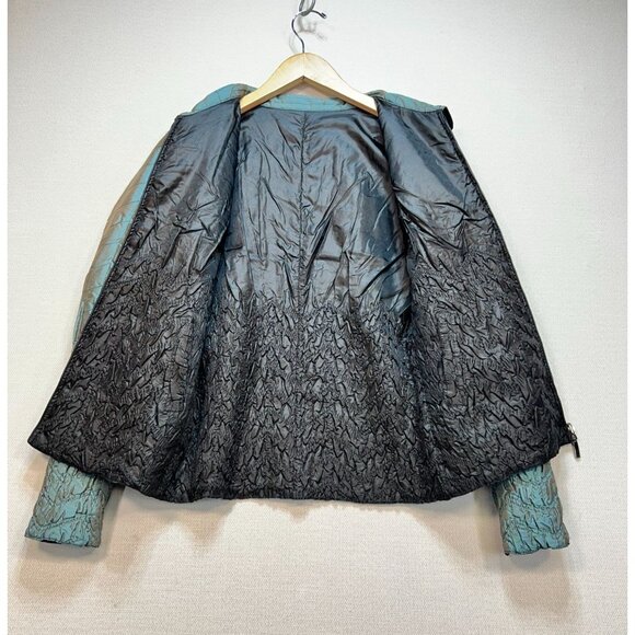Ubu Women Crinkle Quilted Jacket Medium Metallic Teal Textured Travel Reversible - Picture 2 of 12